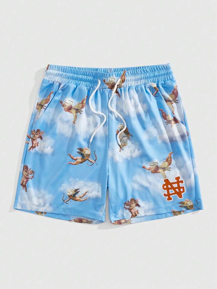 Casual Men's Angel Print Drawstring Waist Pocket Shorts, Vacation