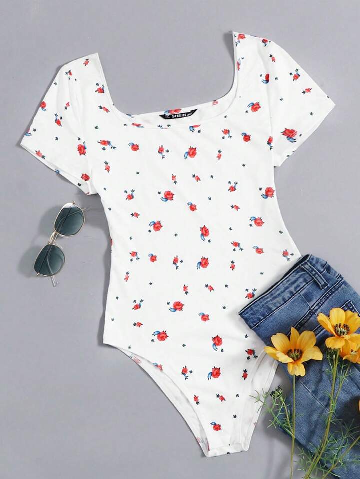 Scoop Neck Floral Print Bodysuit