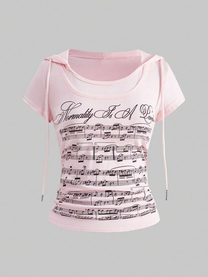 J-Fashion Y2K Retro Millennium Babe Music Note Print Hooded 2 In 1 Short Sleeve Hoodie