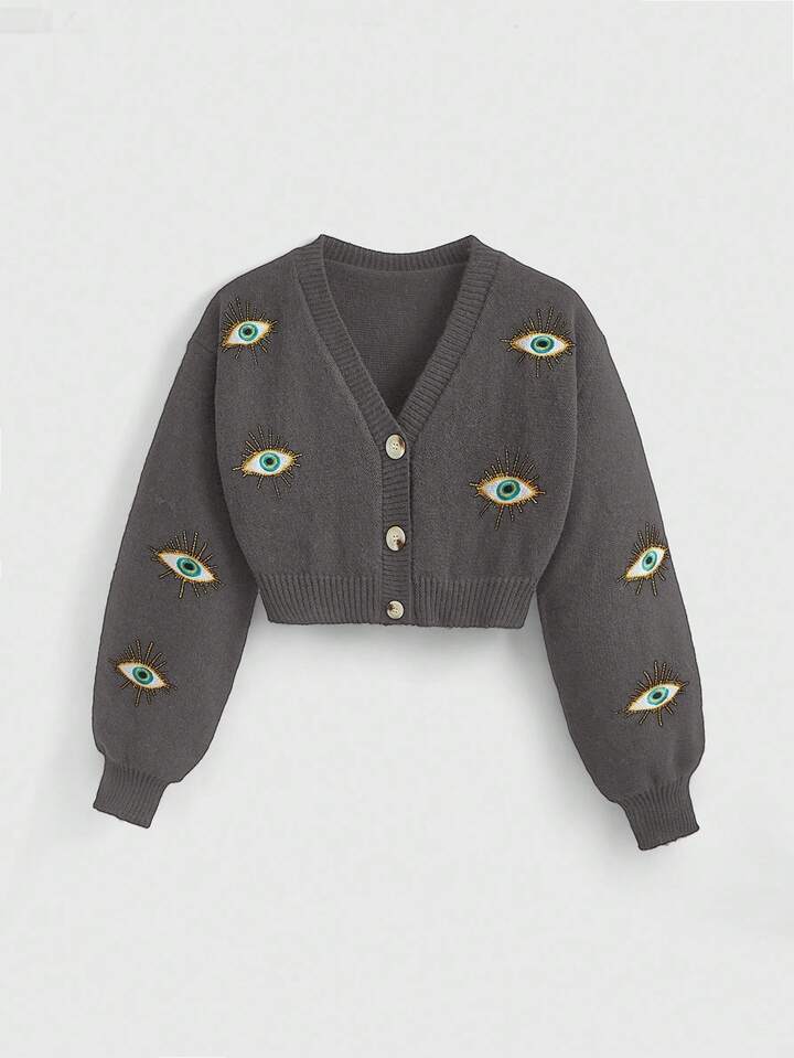 Y2K Hippie Style Plus Size Women Cardigan With Embroidered Eyes, Deep Grey