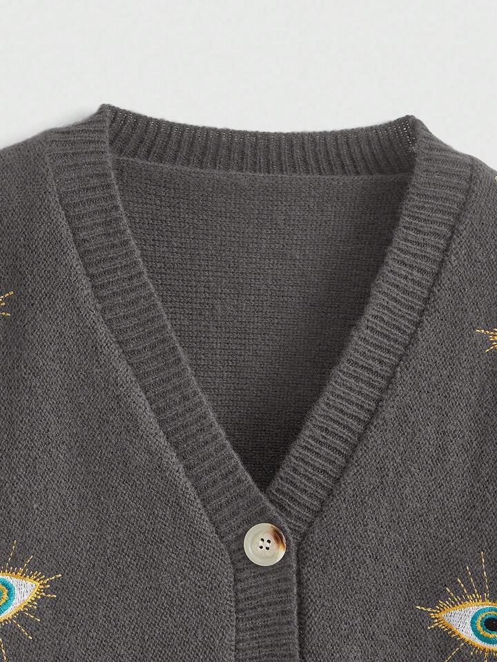 Y2K Hippie Style Plus Size Women Cardigan With Embroidered Eyes, Deep Grey 4 Y2K Hippie Style Plus Size Women Cardigan With Embroidered Eyes, Deep Grey