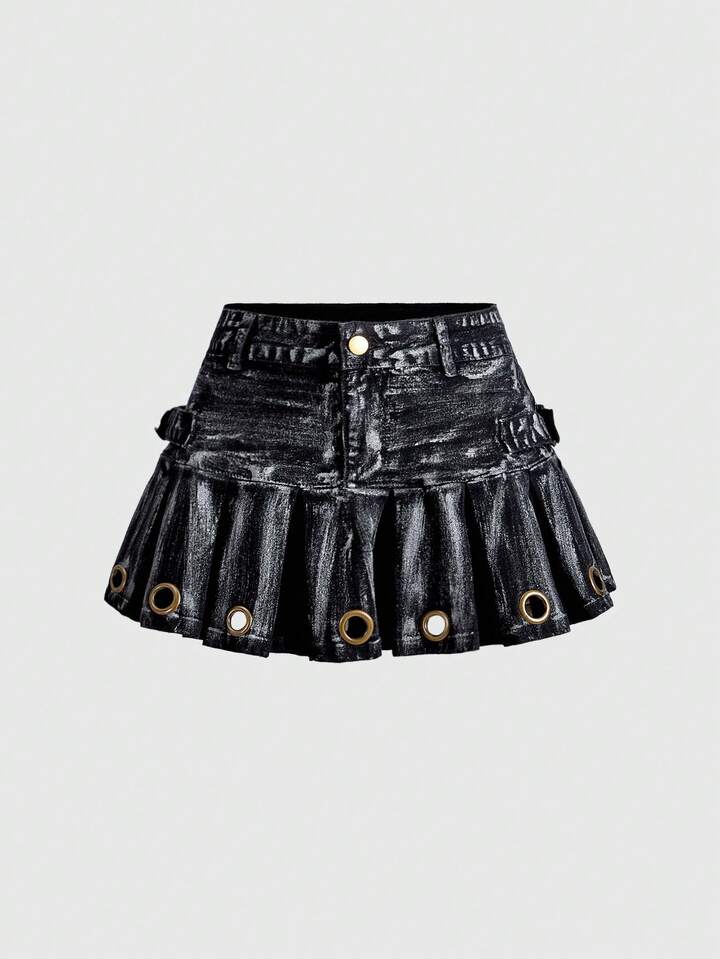 ROMWE Avant Silver Foil Pleated Ultra Low Waist Super Short Denim Skirt