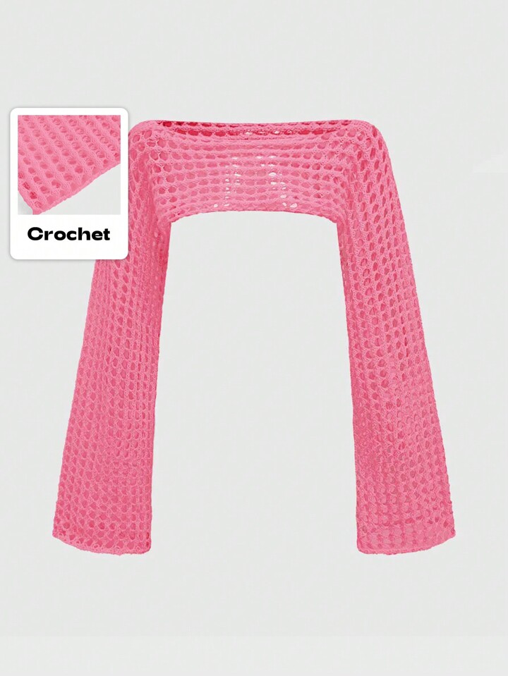 Summer Crochet Pink Hollow-Out Crop Cropped Boat Neck Sweater Pullover Top