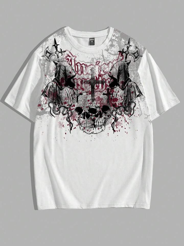 Goth Men's Letter & Skull Print Round Neck T-Shirt, School, 2000s Style
