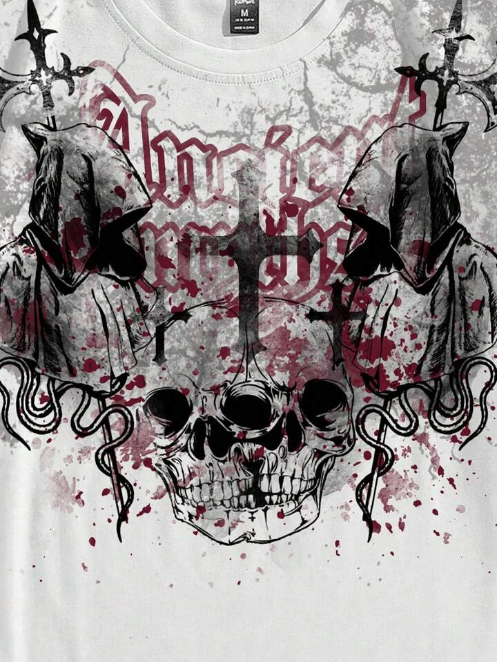 Goth Men's Letter & Skull Print Round Neck T-Shirt, School, 2000s Style 3 Goth Men's Letter & Skull Print Round Neck T-Shirt, School, 2000s Style