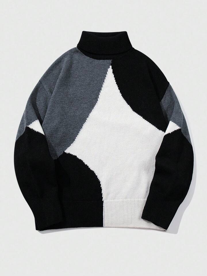 Men's Casual Loose Fit Turtleneck Contrast Color Sweater , Fall Winter