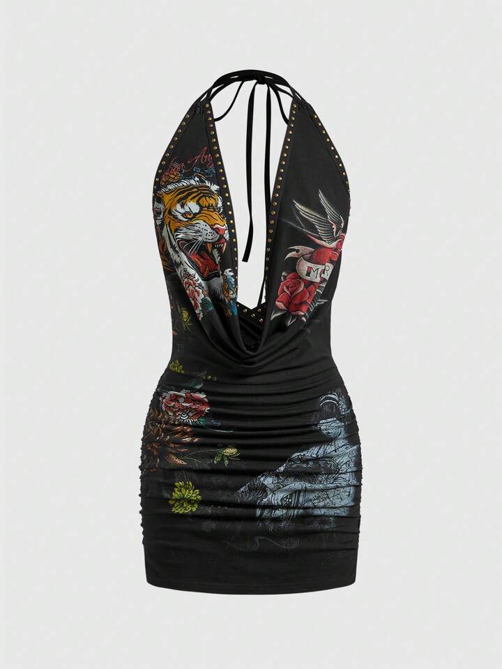 J-Fashion Sexy Millennium Babe Print Plunging Neckline Studded Halter Tie Mini Dress For Women