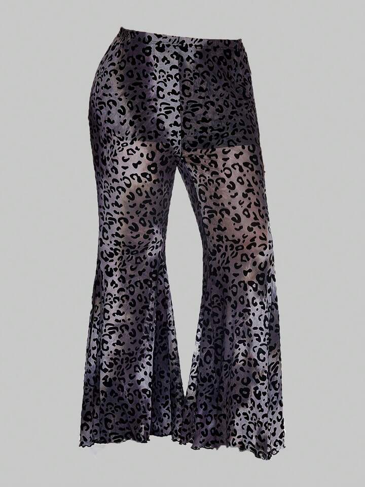 Plus Size Flocked Wide Leg Pants With Moon And Bat Print In Gothic Style