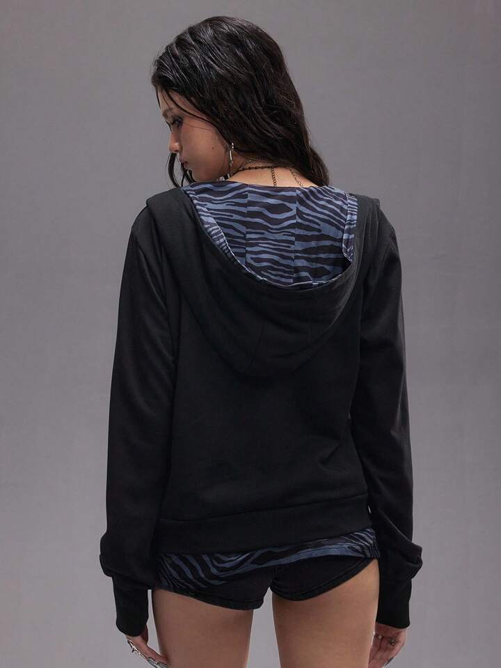EDITION Distressed Layered Colorblock Hoodie Sweatshirt For Women