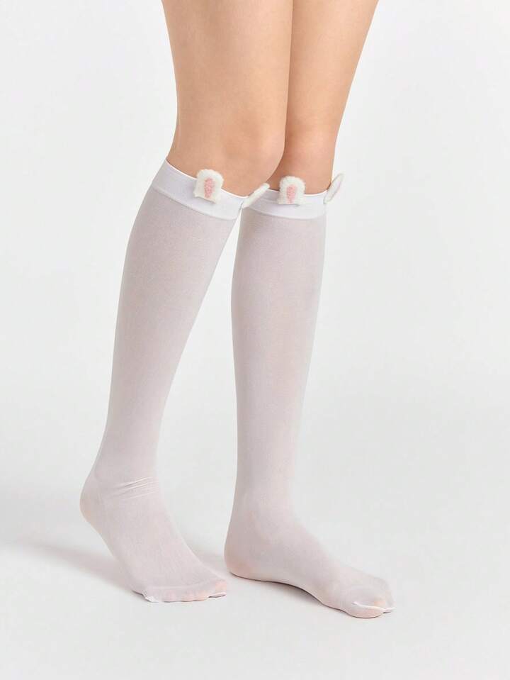 Kawaii 1 Pair Cute Pink Faux Fur Bunny Ear Mid-Calf Socks, Minimalist & Sweet Style Leg Warmers, Daily & Versatile Japanese School Girl Socks For Women