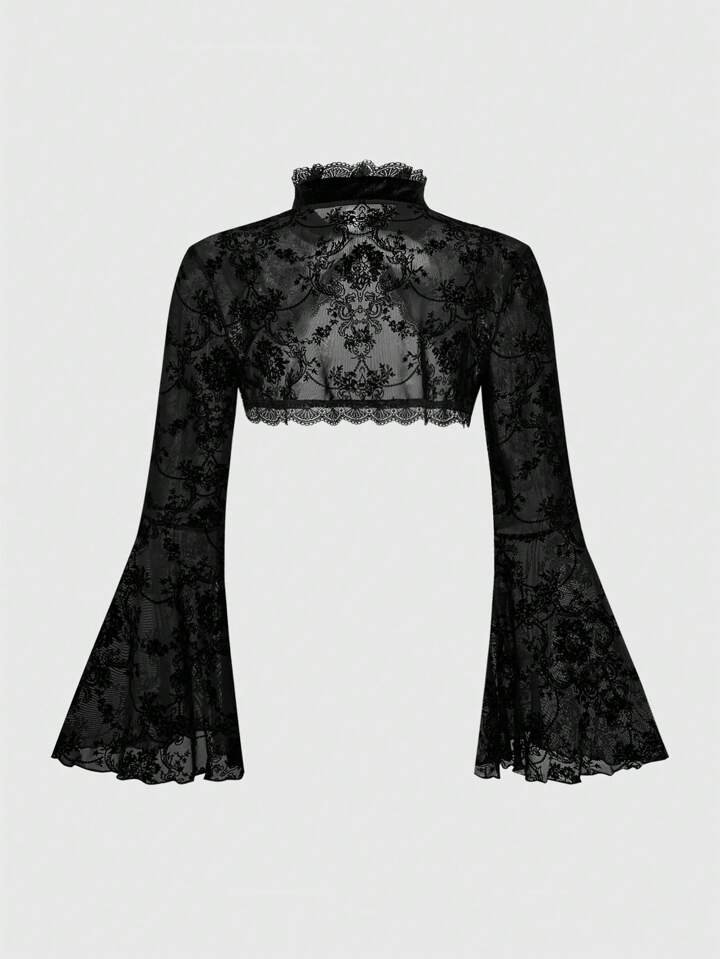 Plus Size Women Gothic Versatile Slit Bell Sleeve Vintage Flocked Cardigan Coat, For Winter