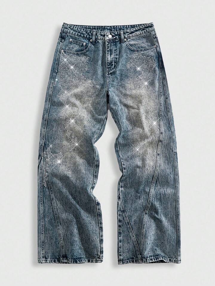 Street Life Men's Fashion Washed Distressed Rhinestone Embellished Jeans
