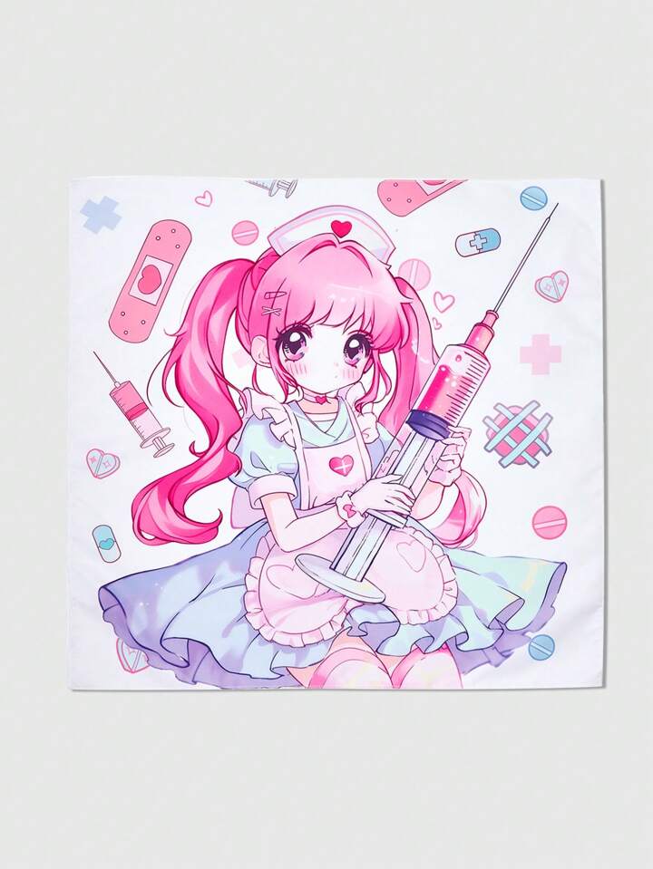 Anime 1pc Cute Cartoon Nurse Girl Printed Small Square Scarf, Versatile Fashion Accessory With Bandage And Syringe Elements