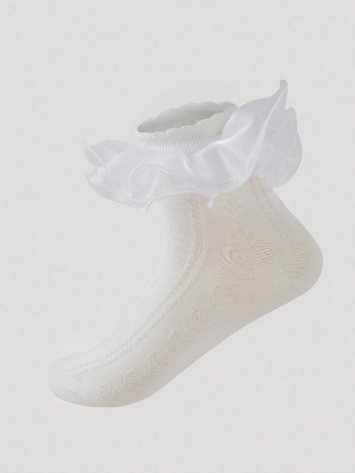 Kawaii Women Solid Color Lace Trim Cute Mid-Calf Socks