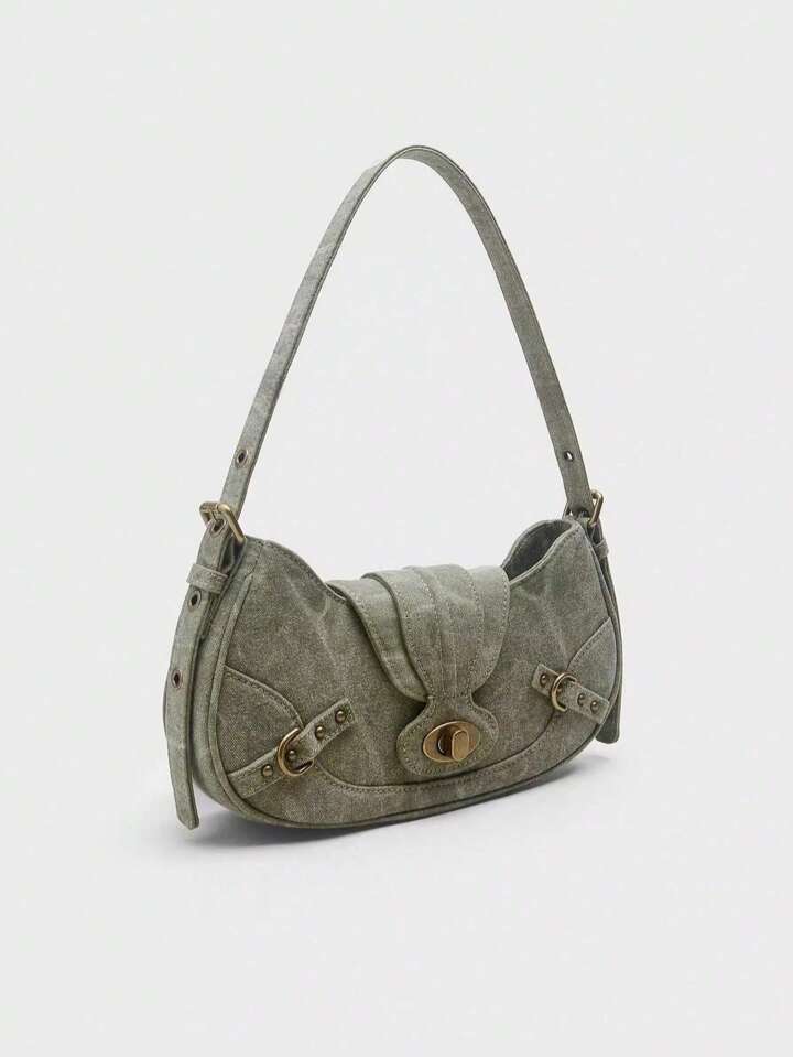 Grunge Punk Vintage Green Patchwork Shoulder Bag, School