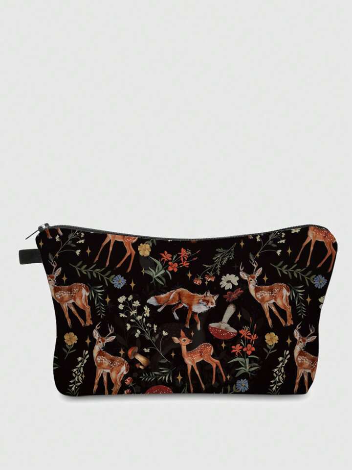 Fairycore Floral Design No. 1103452 Deer, Fox, Mushroom Pattern Polyester Zipper Cosmetic Bag, Women Travel Toiletry Bag, Holiday Gift