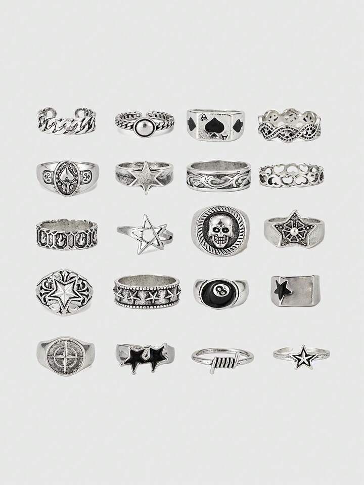 Goth 4pcs/Set Punk Style Spiral Star Rings, Adjustable Ring Set For Couples