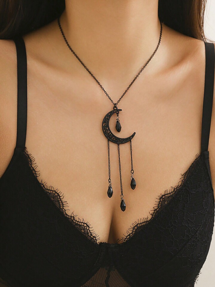 Hippie 1pc Fashionable Simple Moon Shaped Rhinestone Tassel Pendant Necklace