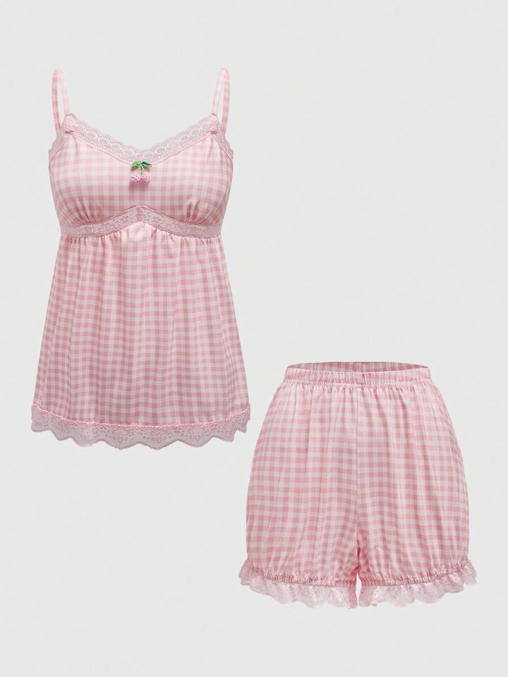 Kawaii Rural Girl Doll Dress Plaid Casual Cami Pajamas Set