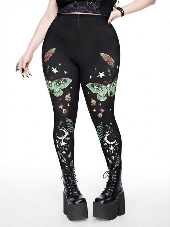 Gothic Thorn Witch, Butterfly, Star & Moon Magic Potion, Plant & Feather Print Black Leggings, Plus Size Women Pants For Autumn/Winter