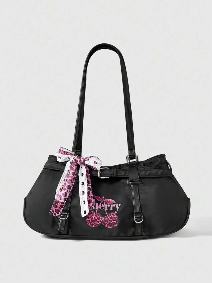 Kawaii Women's Retro Y2K Commuting Versatile Large Capacity Bowknot Cherry Sweet Cool Shoulder Tote Bag