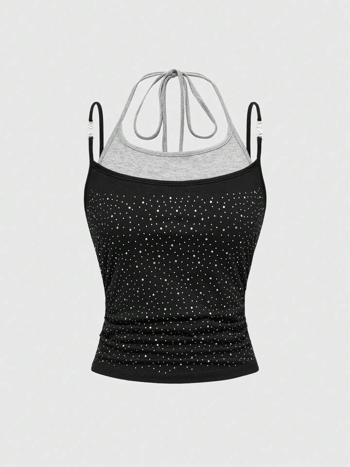 Y2K Rhinestone Sparkly Spaghetti Strap Cami Top, Sexy Party Holiday