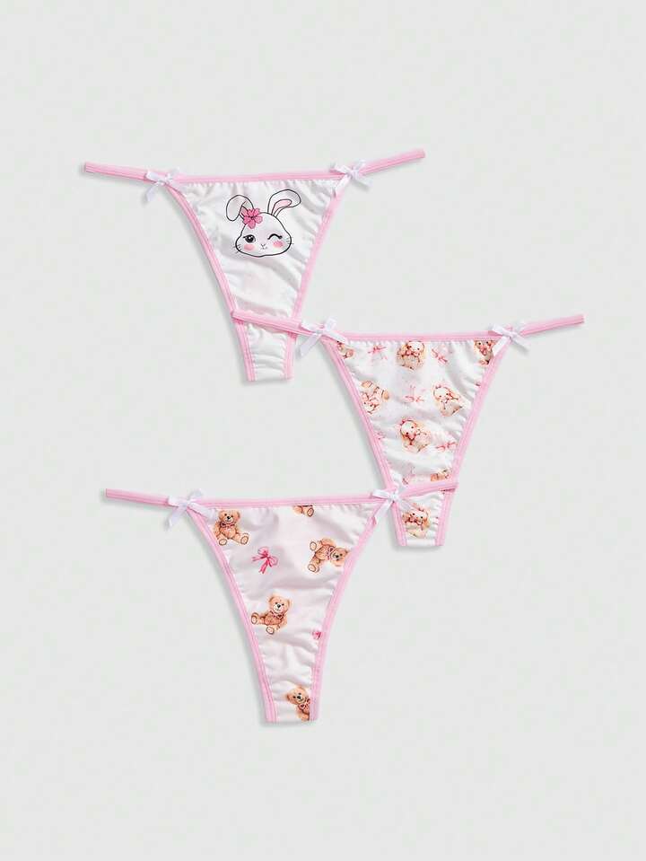 Kawaii 3pcs Cute Rabbit, Polka Dot, Teddy Bear, Bowknot Thong Panties