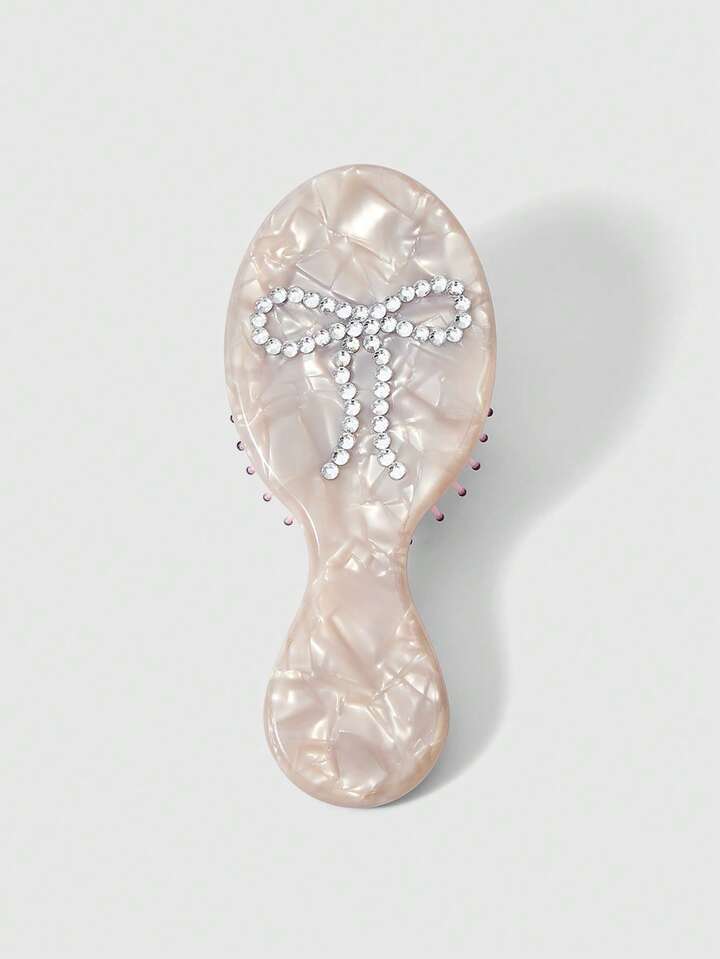 Kawaii Mini Handheld Marble Texture Air Cushion Hair Brush, Scalp Massage, Rhinestone Bow Decor