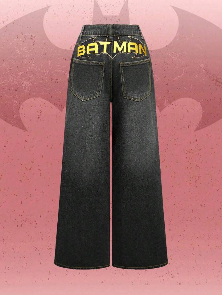 Batman X ROMWE Back To School Street Fashion Vintage Distressed Contrast Stitching Loose Wide Leg Boy Friend Jeans