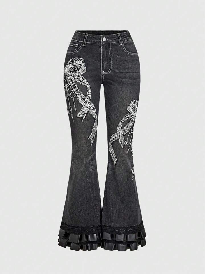 J-Fashion Y2K Retro Butterfly Embroidery Fitted Flare Leg Jeans For Women