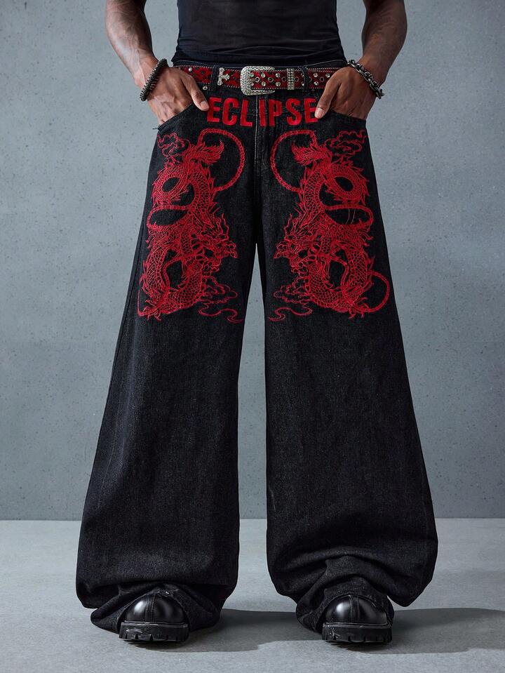 Anime Men's Loose Fit Dragon Embroidery Baggy Jeans