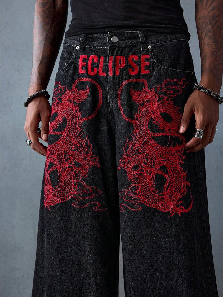 Anime Men's Loose Fit Dragon Embroidery Baggy Jeans