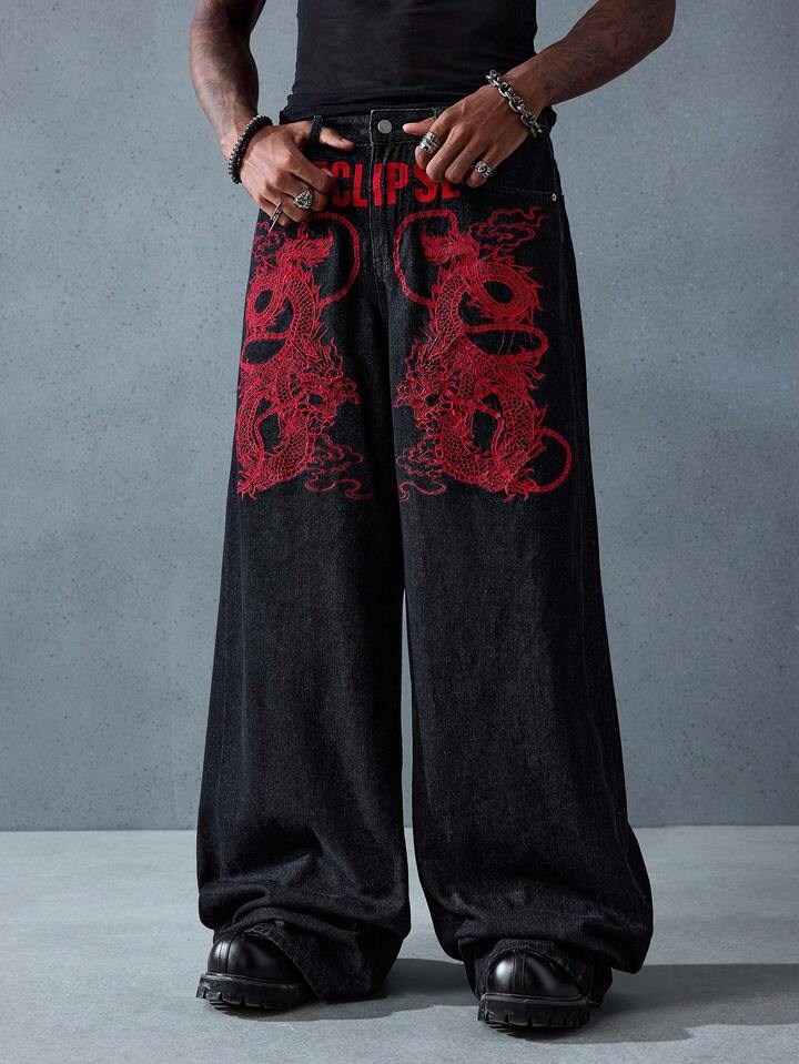 Anime Men's Loose Fit Dragon Embroidery Baggy Jeans