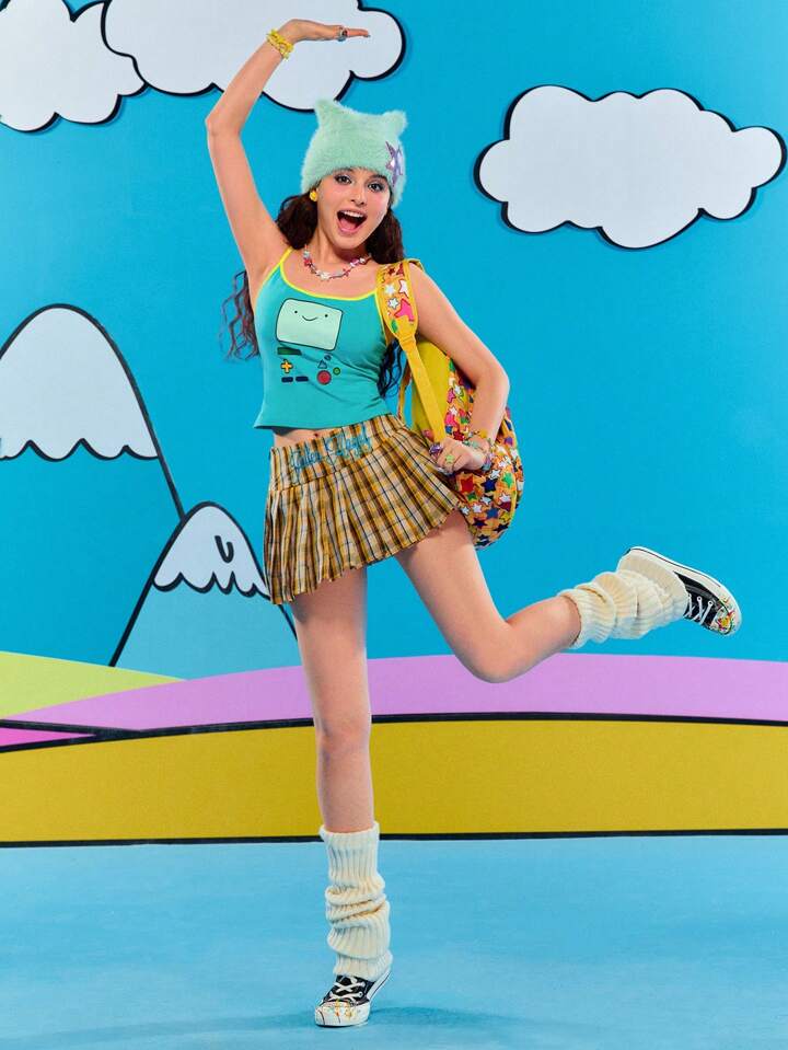 Adventure Time X ROMWE Y2K Cute Cartoon Face Print Contrast Color Slim Fit Camisole Top