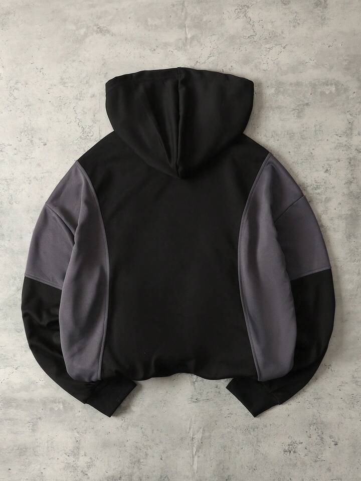Casual Men's Patchwork Contrast Color Hoodie, Retro Street Style, For Fall