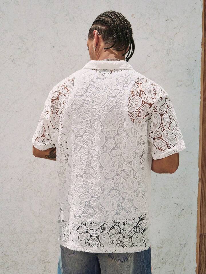 Casual Men's Summer Vacation Paisley Lace Short Sleeve Shirt