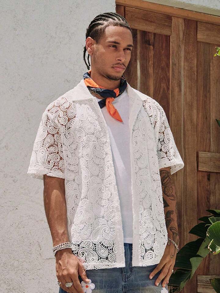 Casual Men's Summer Vacation Paisley Lace Short Sleeve Shirt