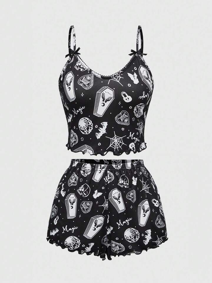 Women's Gothic Skeleton, Spider, Bat All-Over Print Contrast Strap Camisole & Shorts Pajama Set