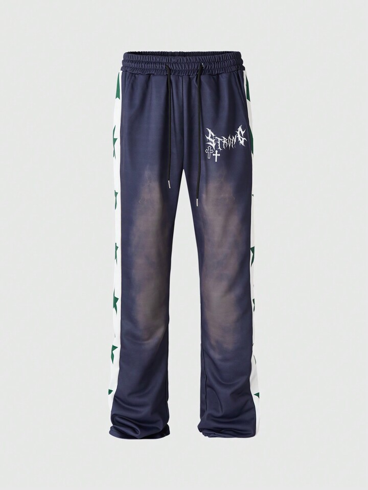 Street Life Men's Letter & Star Print Drawstring Waist Casual Washed Sweatpants