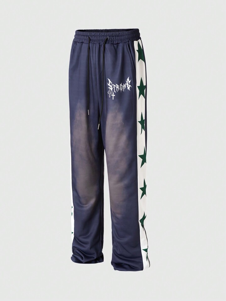 Street Life Men's Letter & Star Print Drawstring Waist Casual Washed Sweatpants