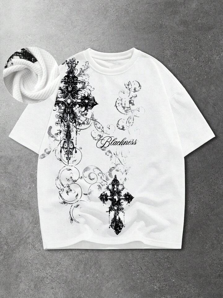 Men's Casual Letter & Cross Print Round Neck Short Sleeve T-Shirt, Summer