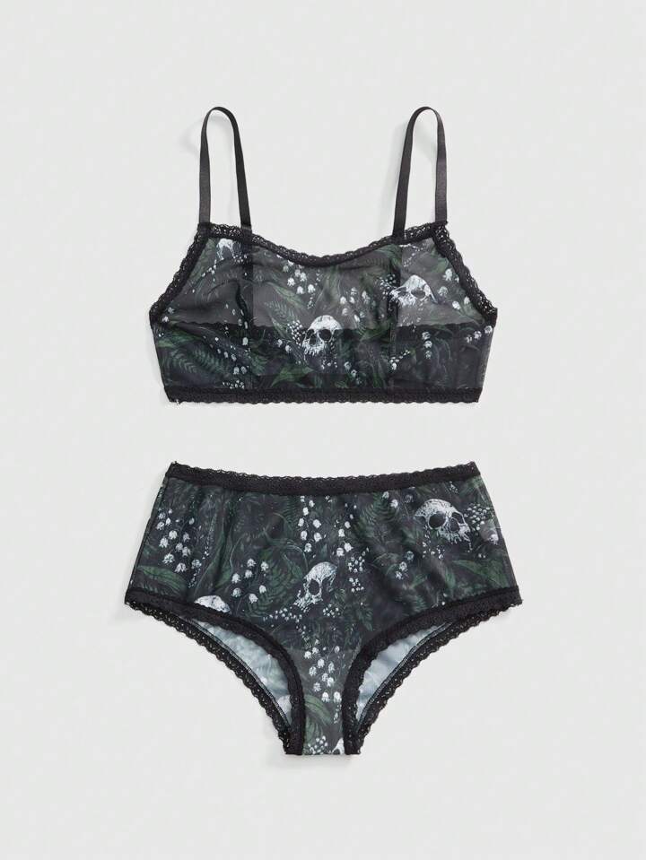 Fairycore Botanical & Skeleton Print Mesh Lace Patchwork Sexy Lingerie Set For Women