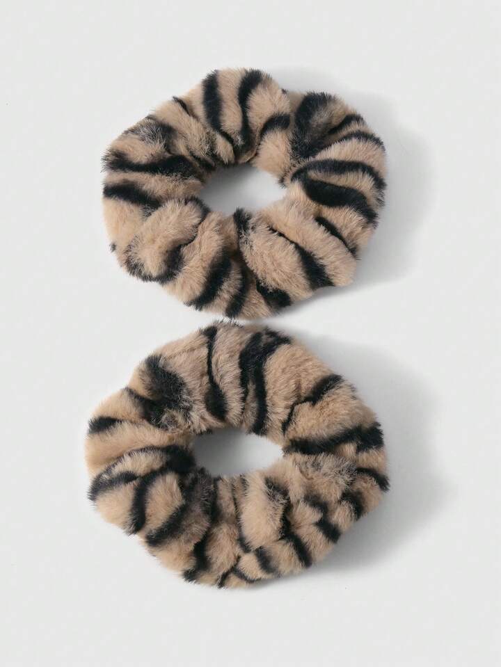 Kawaii 2pcs/Set Chic Vintage Leopard Print Fluffy Scrunchies, Korean Style & Sophisticated, Suitable For Women Daily Wear, Holiday Gift Hair Ties Ponytail Holders Hair Elastics Hair Rope