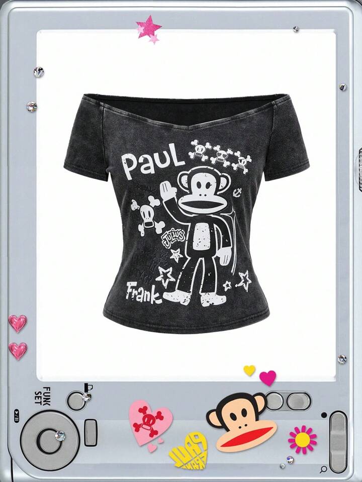 Paul Frank X ROMWE Women Kpop Vintage Monkey Print Off Shoulder T-Shirt