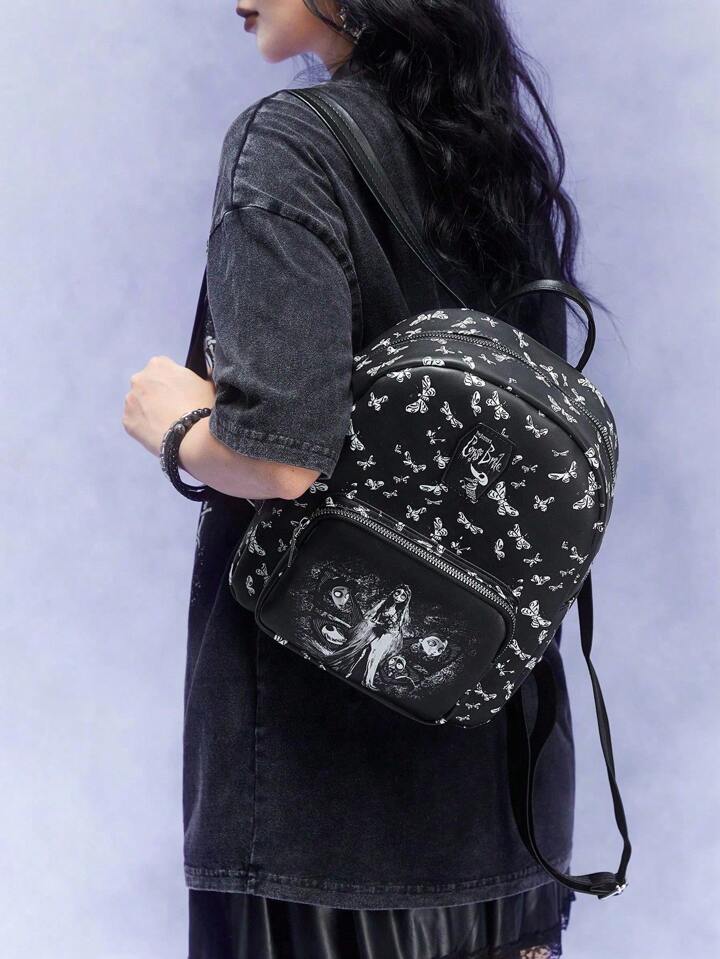 Corpse Bride | ROMWE Black Fashion Backpack With Butterfly & Bride Pattern, School Backpack