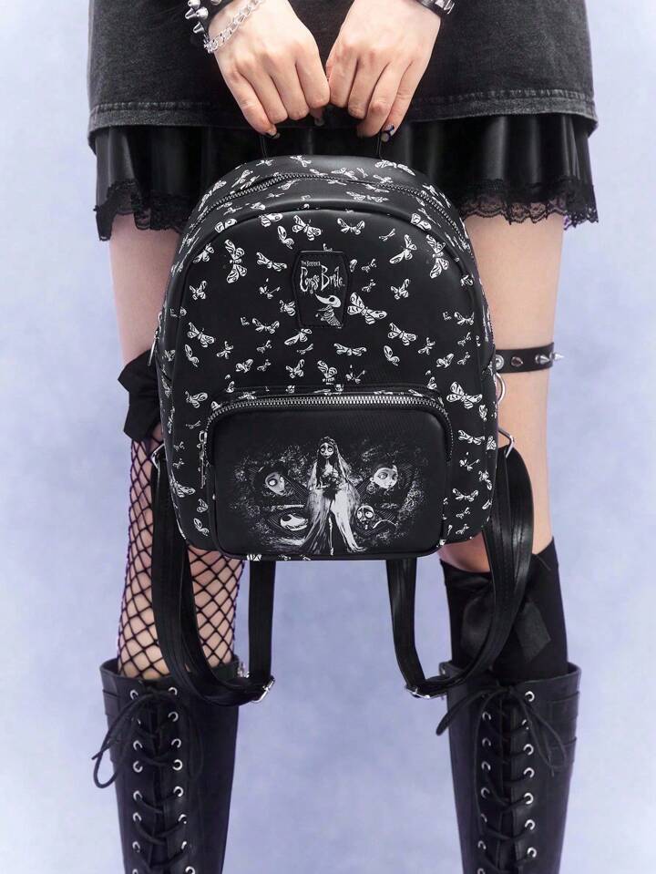 Corpse Bride | ROMWE Black Fashion Backpack With Butterfly & Bride Pattern, School Backpack