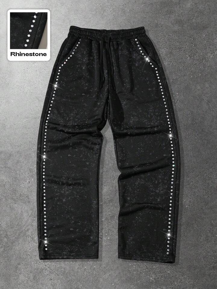Casual Loose Rhinestone Decor Drawstring Men Sweatpants