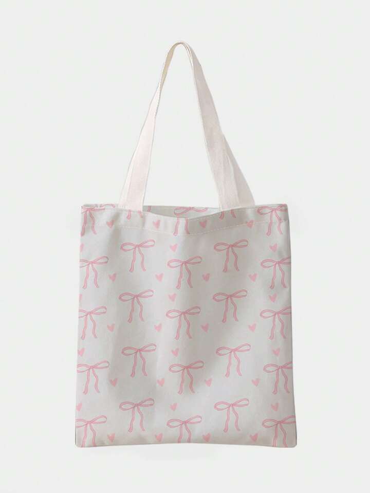 Kawaii Double-Sided Bow & Heart Print Canvas Tote Bag, Cute Bow Bag For Women , Bow