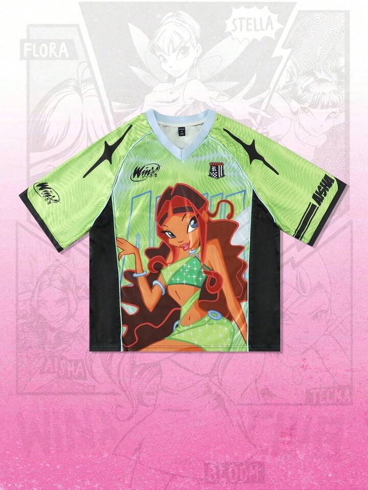 Winx Club X ROMWE Men's Anime Colorblock Figure Graphic Mesh Sports Short Sleeve T-Shirt, Athletic Jersey