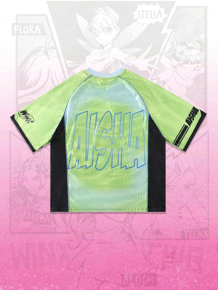 Winx Club X ROMWE Men's Anime Colorblock Figure Graphic Mesh Sports Short Sleeve T-Shirt, Athletic Jersey